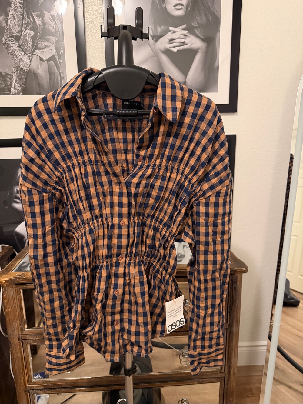 ASOS Navy and Tan Gingham Button-Front Blouse